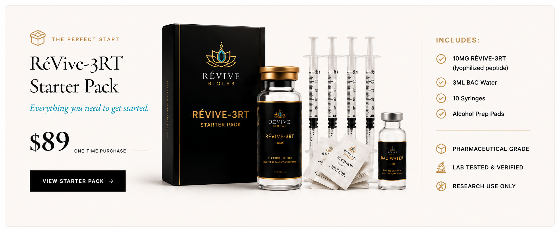 RéVive-3RT Starter Pack — $89 one-time purchase including 10MG RéVive-3RT, 3mL BAC Water, syringes and alcohol prep pads.